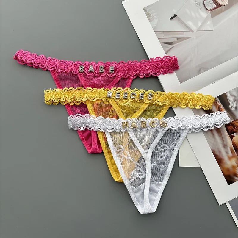 Personality Custom Thong Name Crystal Letter Sexy Lace Bikini Panties G-String Low Waist Briefs Ladies Knickers Lovers Wife Gift view 3