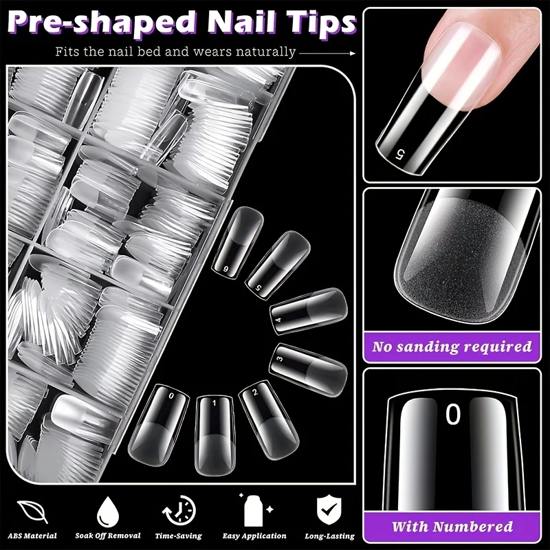 120/240/330/600pcs Medium Square Fake Nails - Clear Press-On Nails with Removable Gel Tips, Full Coverage Artificial Nails for S