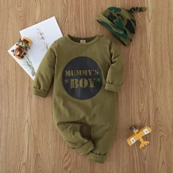 Spring Autumn Newborn Baby Girl Boy Romper Army Green Letter Print Long Sleeve Jumpsuit Baby Clothing Set Infant Toddler Outfits