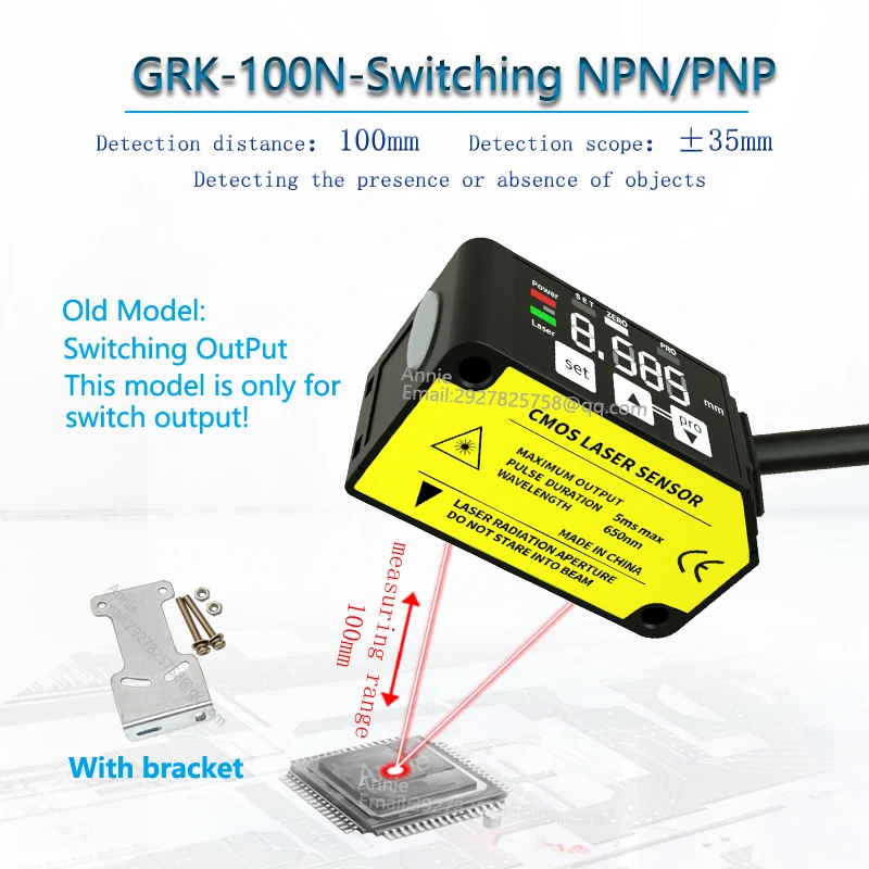 Measuring distance 100mm Switching Output NPN IP67 Silicon wafer flatness Check for gaskets Laser displacement sensor