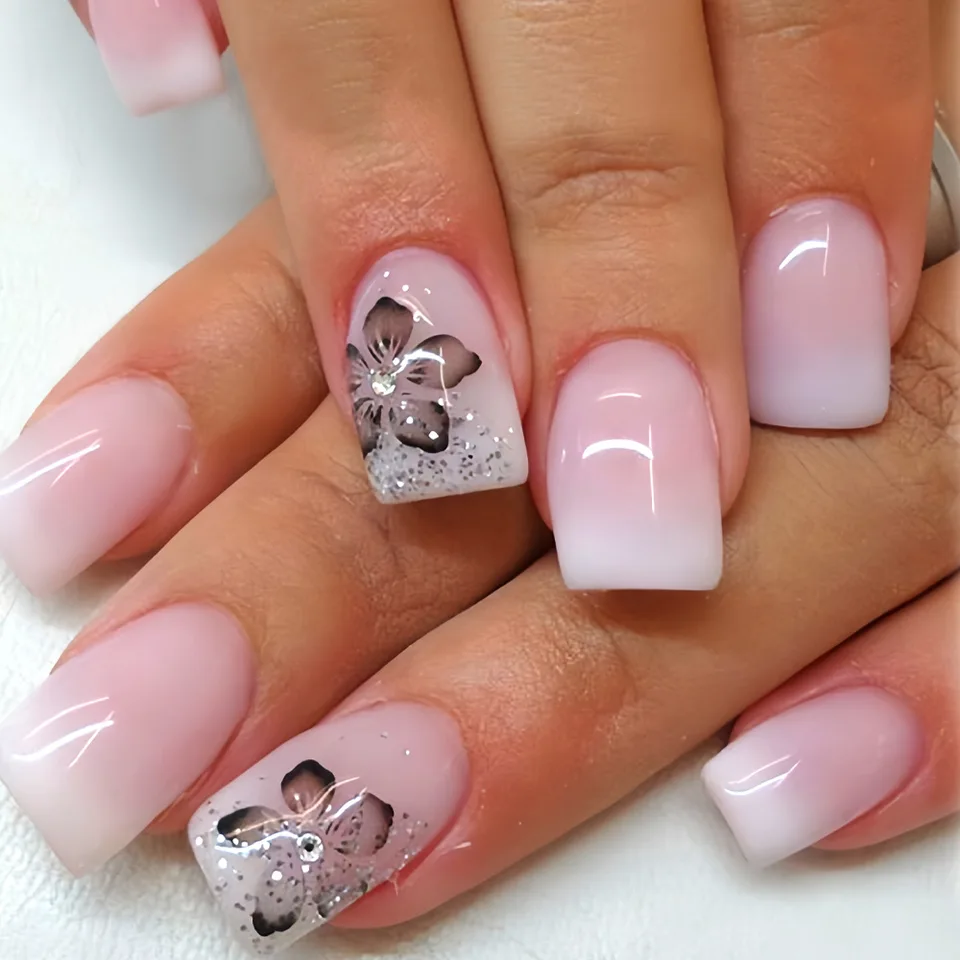 24 piezas uñas postizas blancas con flores de hadas, punta francesa rosa, cortas cuadradas, para mujer y niña DIY 5