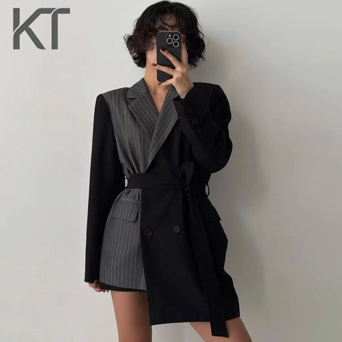 

Элегантное платье-блейзер Kt Chic с цветовыми блоками и полосатыми вставками, с поясом на талии, двубортное, для офиса и повседневной носки
