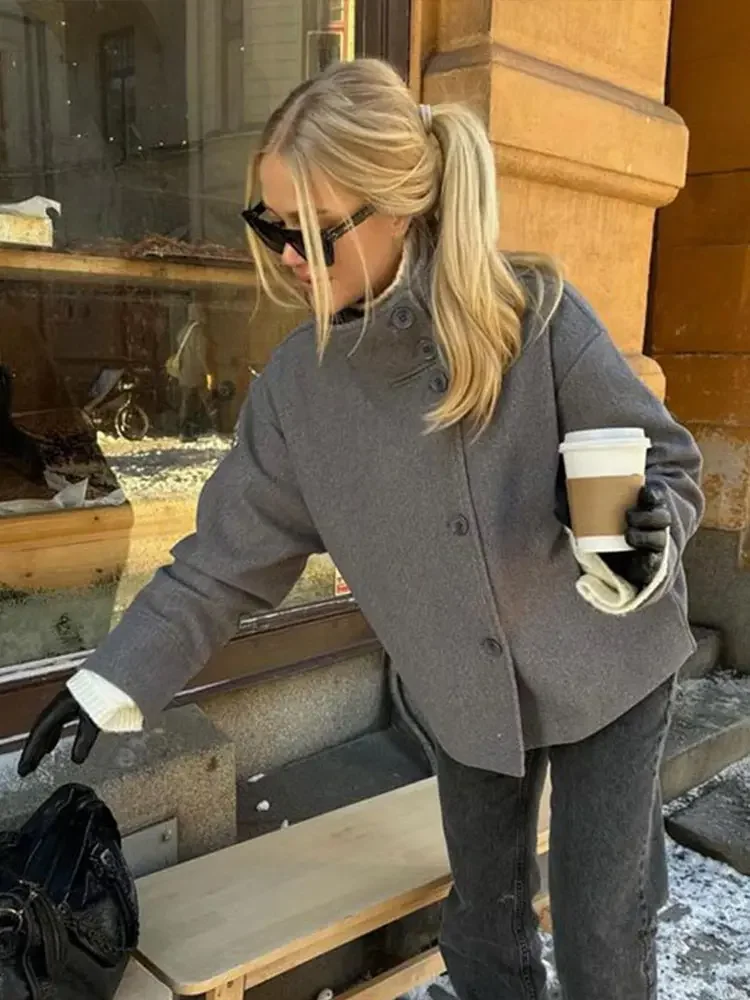 2025 Autumn Woolen Dark Blue Jacket Women  Single Breasted Stand Collar Loose Female Coat Office Lady Street Short Outwear Tops