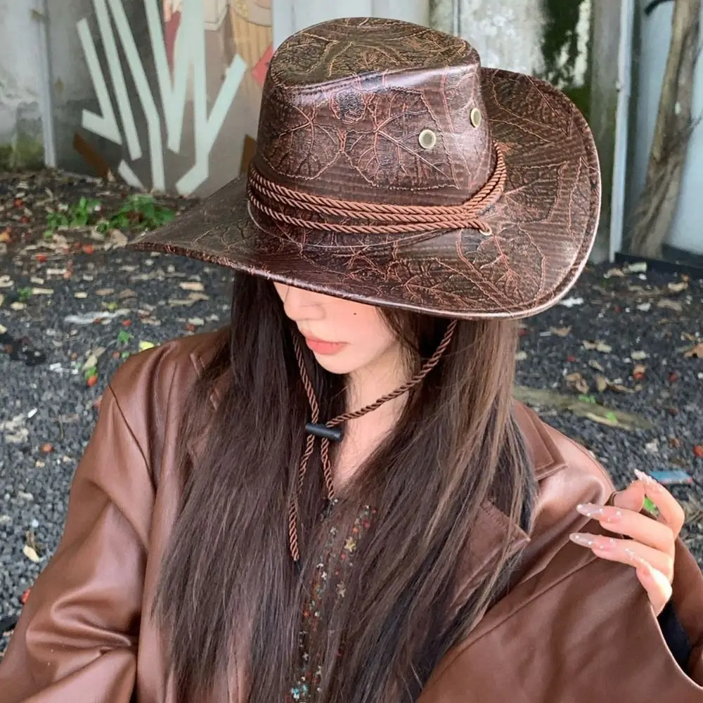 

Punk Ethnic Style Western Cowboy Hat Roll Brim Polyester Knight Hat Black/brown Wide Brim Visor Cap Outdoor