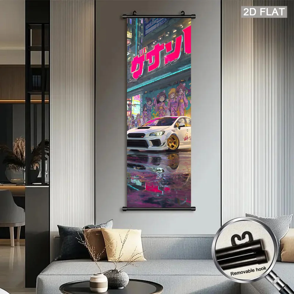VIKAMA Neon Tokyo Cityscape Sports Car Wall Art Hanging Scroll Poster Asian Canvas Art Print for Living Room Bedroom Home Decor