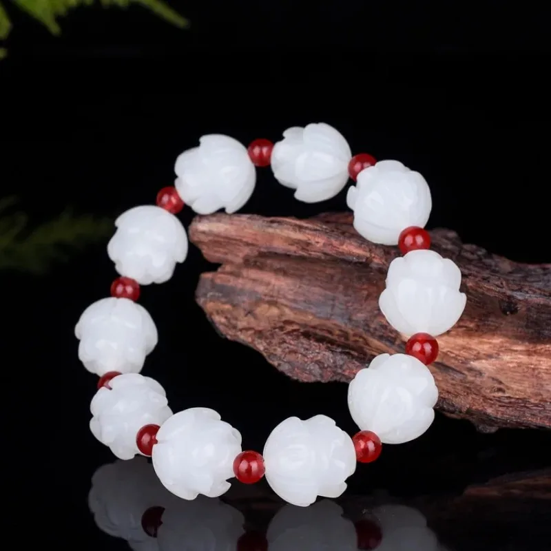 Natural White Jade 18mm Lotus Beads Bracelet Adjustable Bangle Charm Jewellery Fashion Accessories Hand-Carved Man Luck Amulet