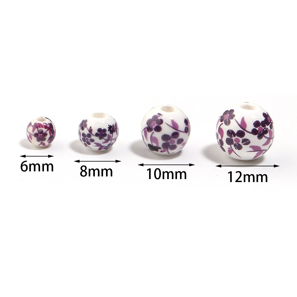 20-30pcs 6 8 10 12mm Jingdezhen Ceramic Beads Purple Flower Pattern Round Loose Beads For DIY Jewelry Making Necklace Bracelet view 2