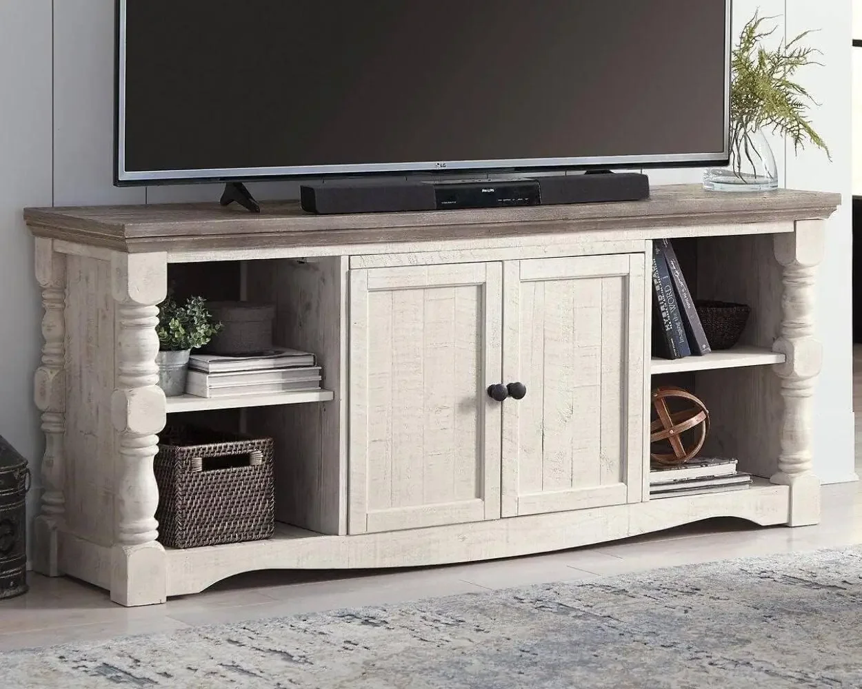 

Farmhouse TV Stand Fits TVs up to 65", 2 Door Cabinet and Shelves For Storage, Vintage White & Weathered Gray