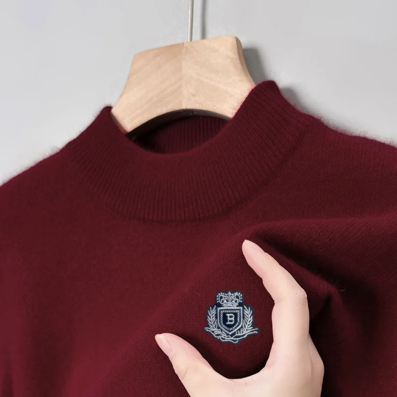 

Hot Selling Original Quality Men's Knitted Sweater Wool Semi High Neck Thick Badge Print Pullover Winter Versatile Warm Menswear