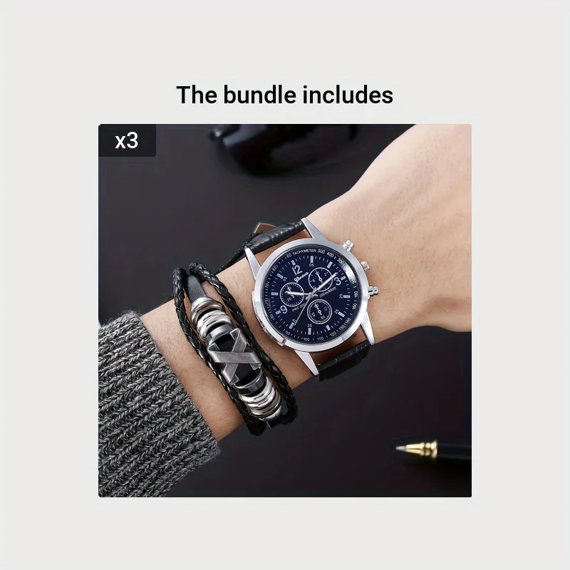 ساعة كوارتز ثلاثية العينين زرقاء فاتحة للرجال ، سوار متعدد الاستخدامات ، موضة غير رسمية ، صندوق هدايا مكون من قطعتين