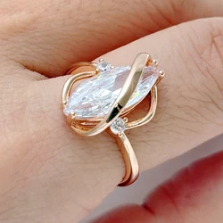 Kinel Hot Shiny White Natural Zircon Rings for Women Fashion Geometry 585 Rose Gold Color High Quality Daily Vintage Jewelry