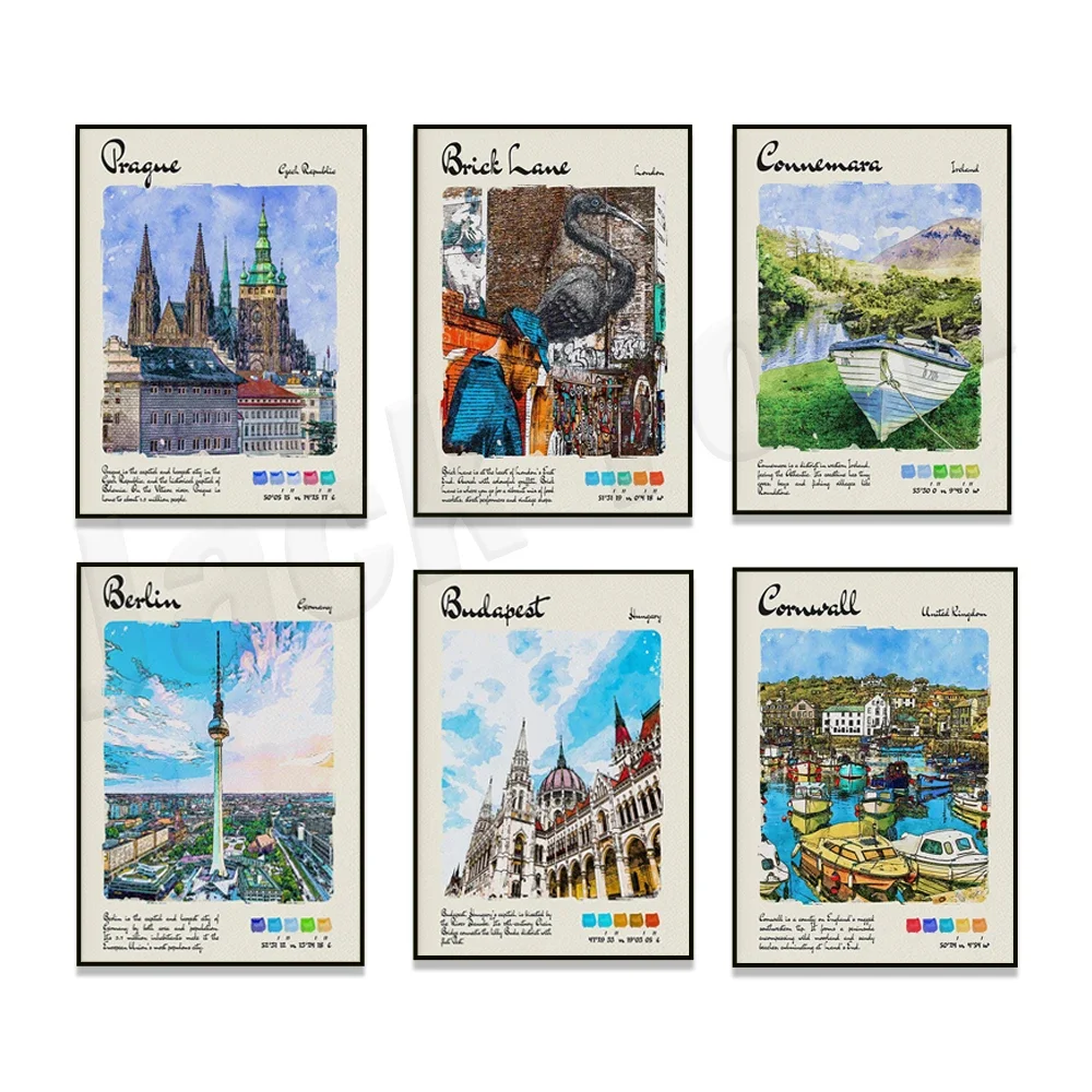 Berlin, Honolulu, Paris, Brick Lane, Glastonbury, Connemara, Durdle Door, Weymouth, Prague Cornwall watercolor travel poster