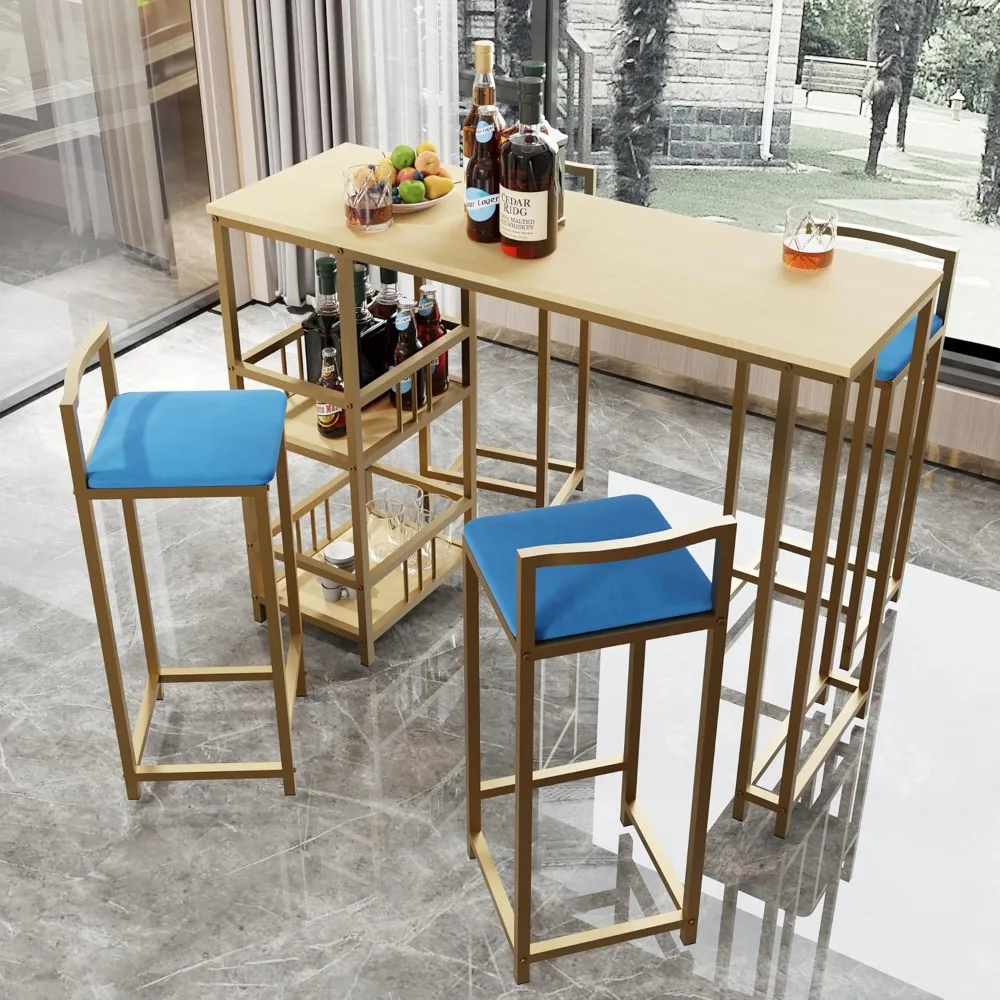 

5 Piece Bar Table Set with Storage Shelves, Modern Metal Dining Table Set with Stools for 4, Save Space, Gold+Navy Multi