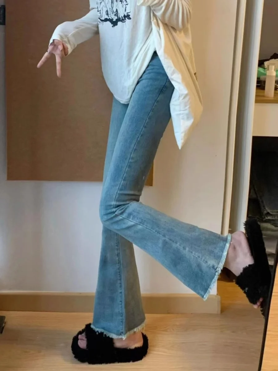 

High Waist Flared Jeans Women's Spring Autumn plus Size Slimming Shorties High Heel Boots Denim Skinnies Bell Bottoms Trendy