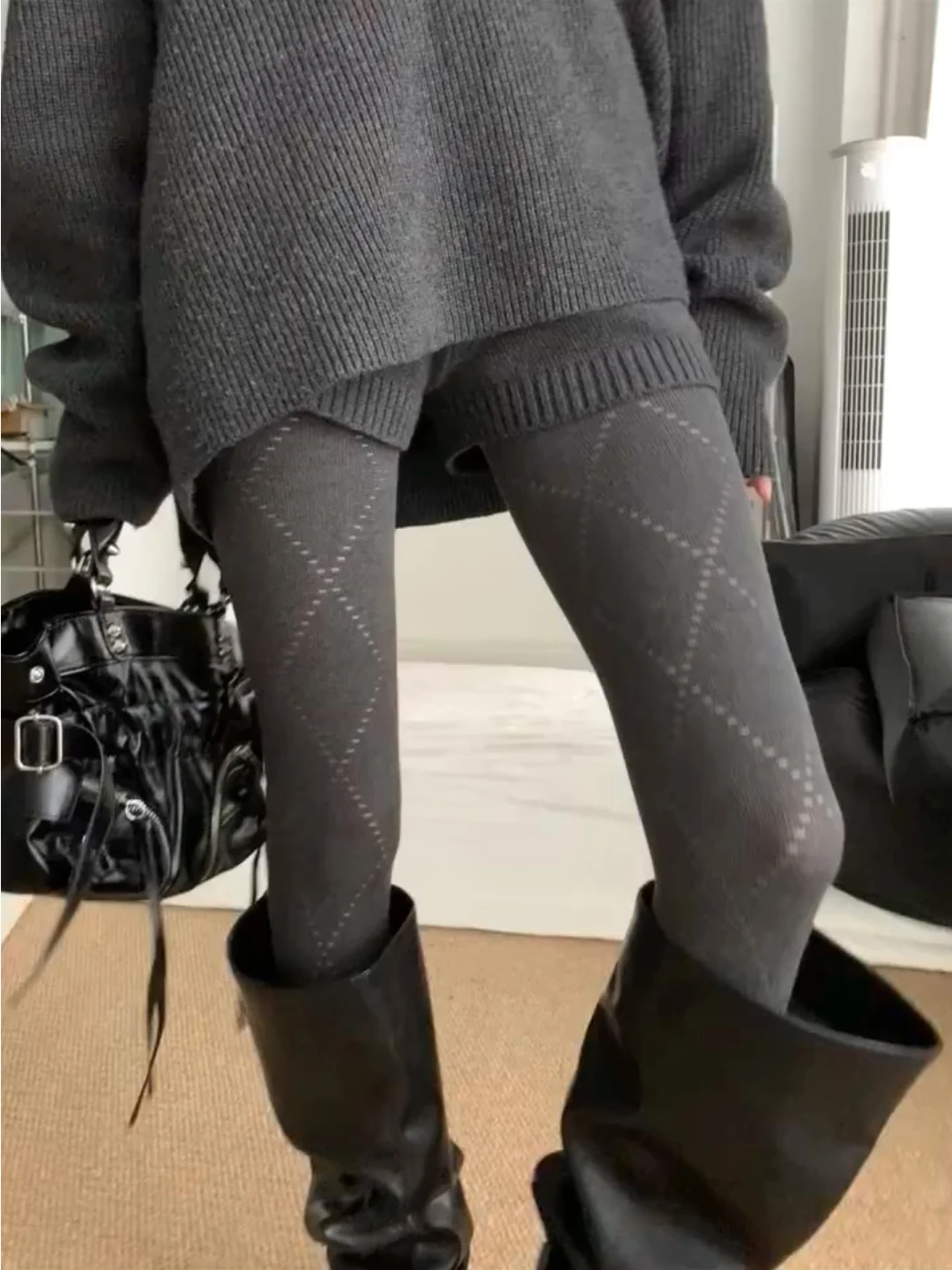 High Waist Knitted Fleece Lined Mesh Leggings Women's Autumn Winter Thermal Tights Breathable Lightweight Base Layer Pants