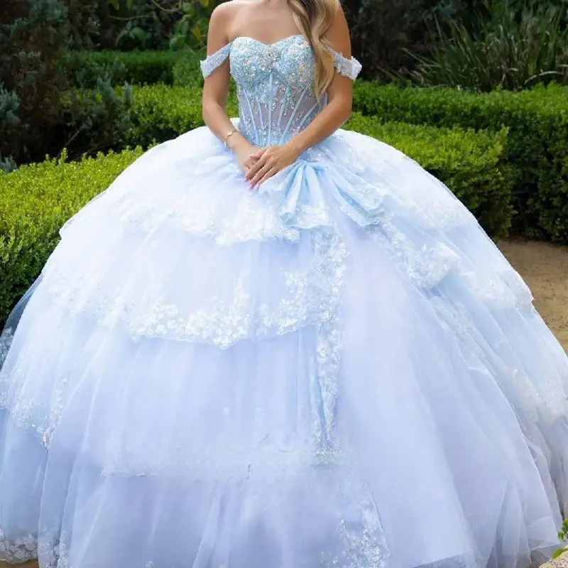 

Customized Shiny Light Blue Quinceanera Dresses Gorgeous Sequin decal long off shoulder dress Tull Vestidos De 15 Años