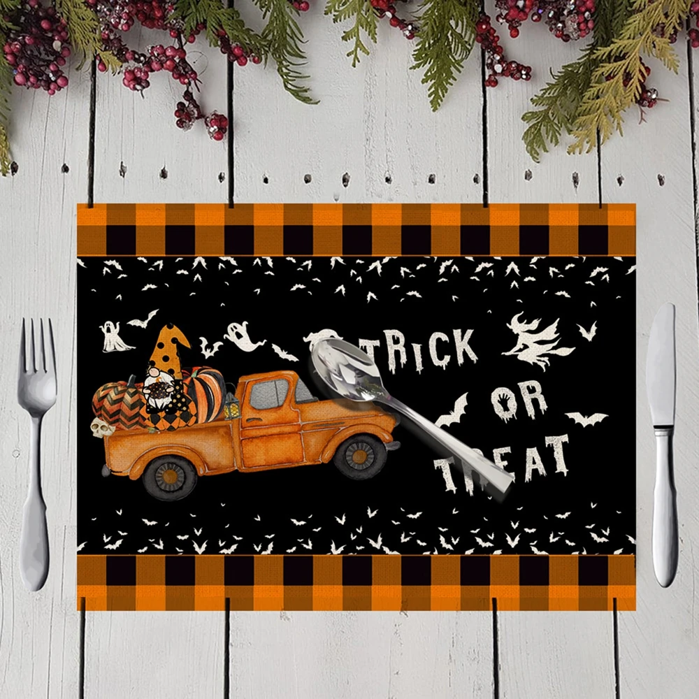 Halloween Placemats Pumpkin Car Black Orange Dining Mats Heat-Resistant Pads for Happy Halloween Decorations Coaster