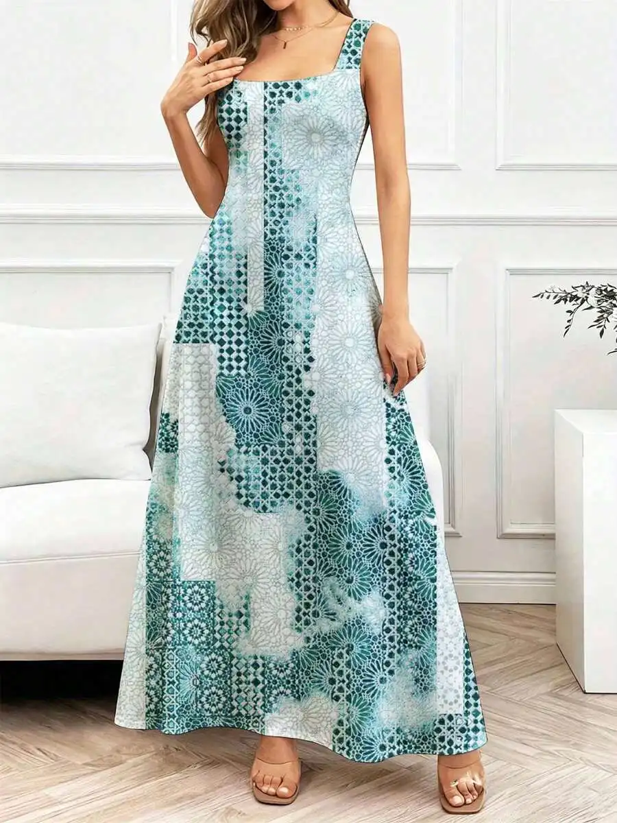 

Square Neck Sleeveless Maxi Dress With Geometric Floral Print Flowy A-Line Silhouette Women Casual Dress