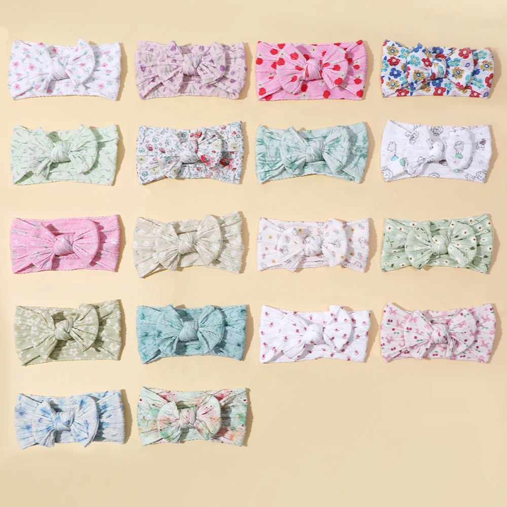 18pc/lot New Floral Prints Nylon Baby Headband Newborn Ribbed Cable Knit Bow Nylon Headband for Kid Girls Flower Nylon Headwraps