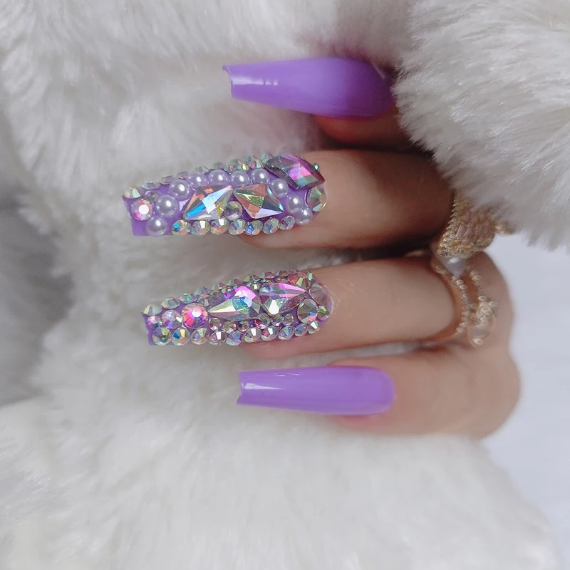 24pcs Internet celebrity style coffin fake nails purple press on nails crystal diamond Festival party gifts