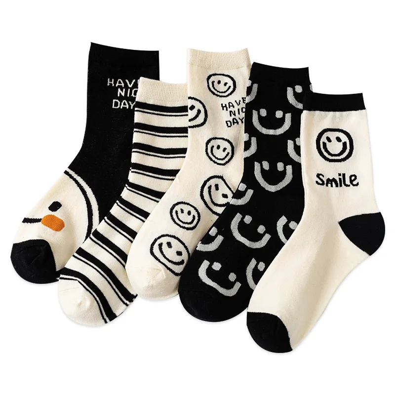 

Women's Mid-Calf Socks Smiley Face Pattern Design Charming and Unique Instagram-Inspired Black and White Colourway Long Socks Sw