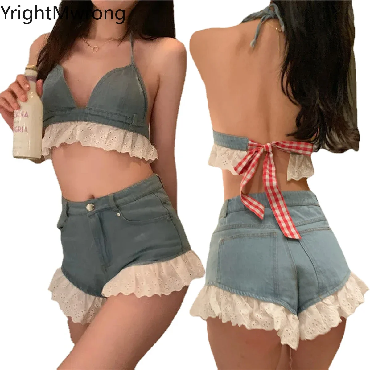 Two Piece Set Crop Top Jeans Denim Short Suit Strap Halter Camis Lace Ruffle Hollow Backless Plaid Lace-Up Bow Bustier Bras y2k