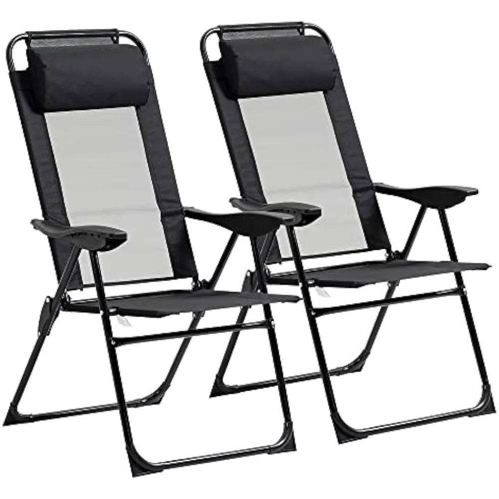 Folding Patio Chairs Set of 2, Outdoor Deck Chair with Adjustable Sling Back, Camping Chair with Removable Headrest for