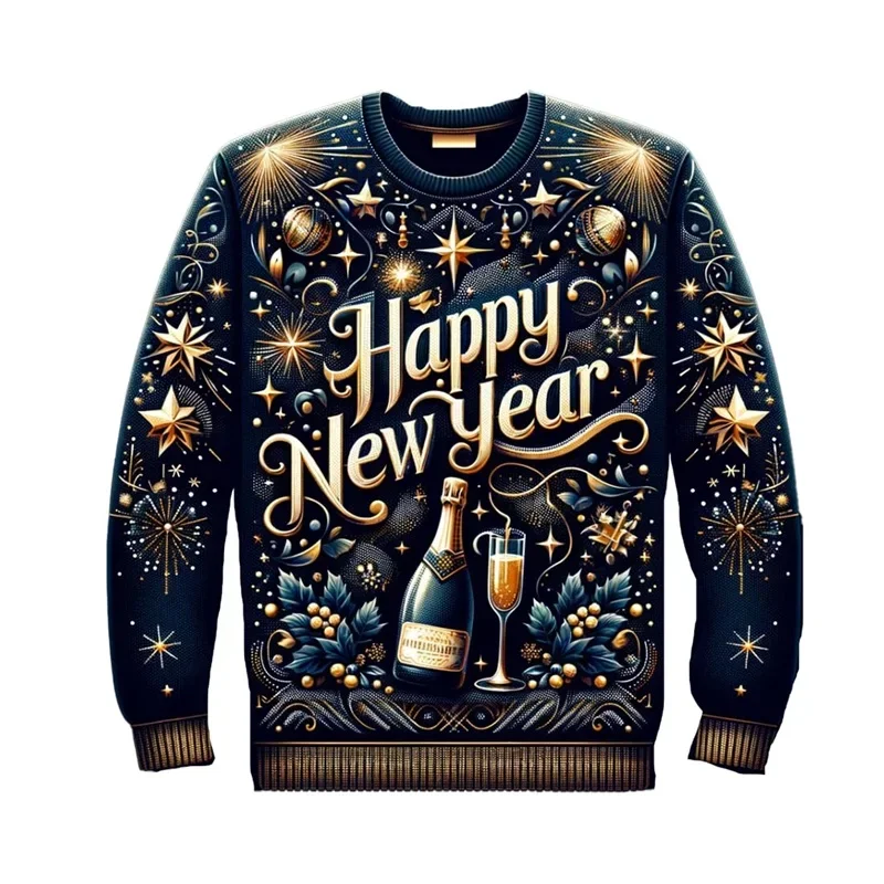 2025 سنة جديدة سعيدة البلوز للنساء الرجال ثلاثية الأبعاد طباعة عادية Crewneck السنة الجديدة بلوزات قبيحة جديد في الرجال هوديي الحفلات #6