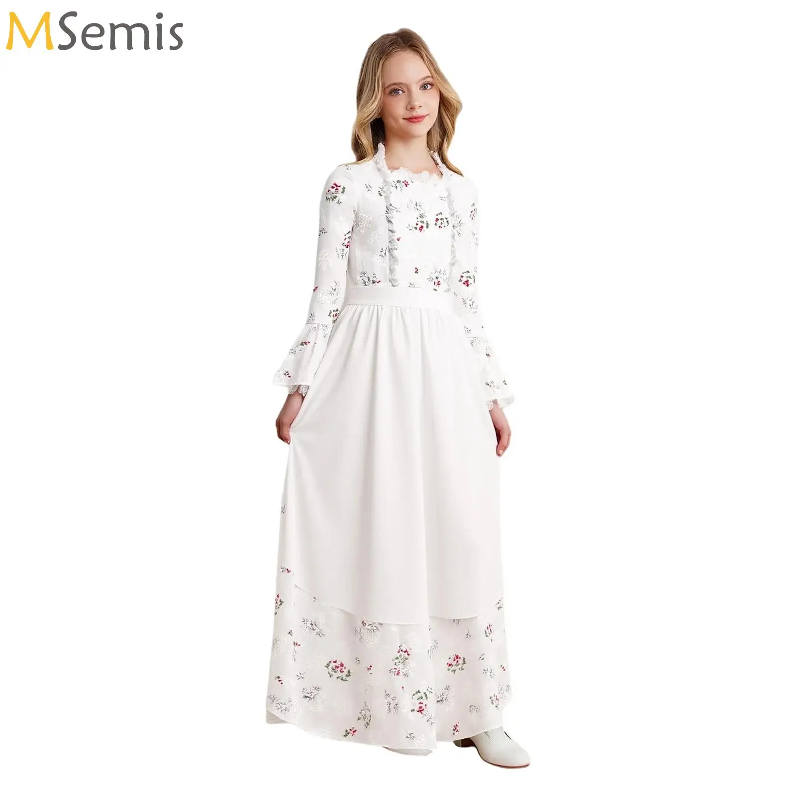 

Kids Girls Prairie Costume Floral Print Lace Colonial Farm Village Cosplay Dress and Apron Bonnet Carnival Pioneer Dress Up