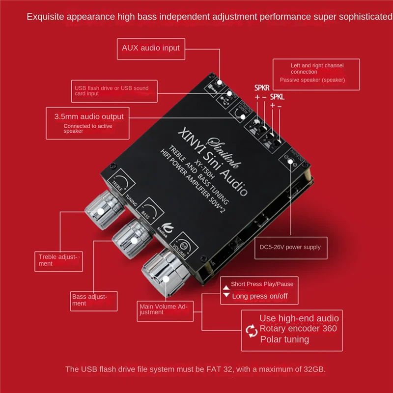 

XY-T50H Stereo Digital Amplifier Board TPA3116D2 50W+50W High-Bass Adjustable Stereo Digital Amplifier Board Audio Module