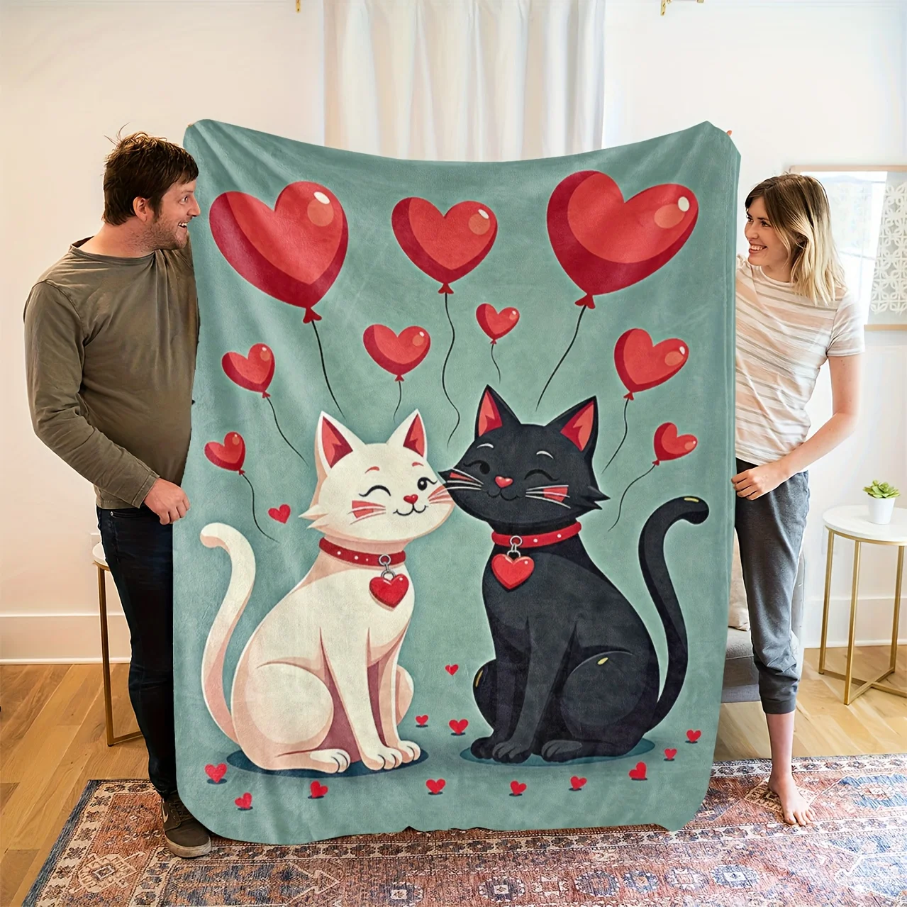 Machine Washable Cat Blanket Heart Design Soft Flannel All Season Use for Home Office Cozy Comfort