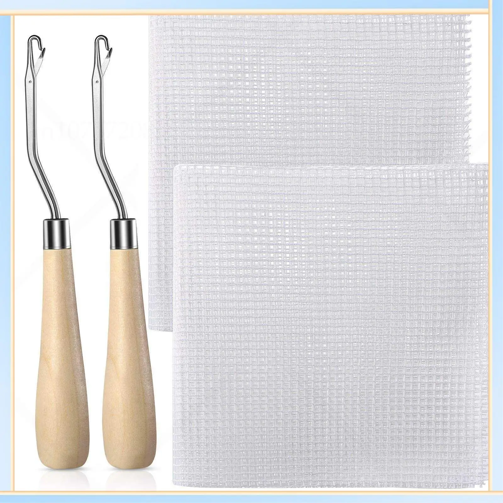 -A60I 2Pcs Blank Rug Hooking Mesh Latch Hook Canvas Kit With 2 Pcs Wooden Bent Crochets For DIY Rug Tapestry (19X19 Inch)