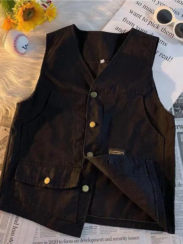 UM Retro Japanese Style Loose Unisex Summer Vest with Multiple Pockets Hong Kong Style Sleeveless Tank Top Workwear Vest