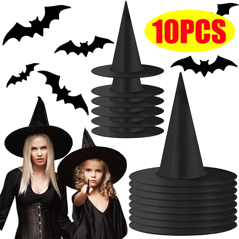 

1-10pcs Halloween Black Witch Hat Yard outdoor garden Hanging Witch Hat Halloween Party Cosplay Costume Props Decor Wizard Cap