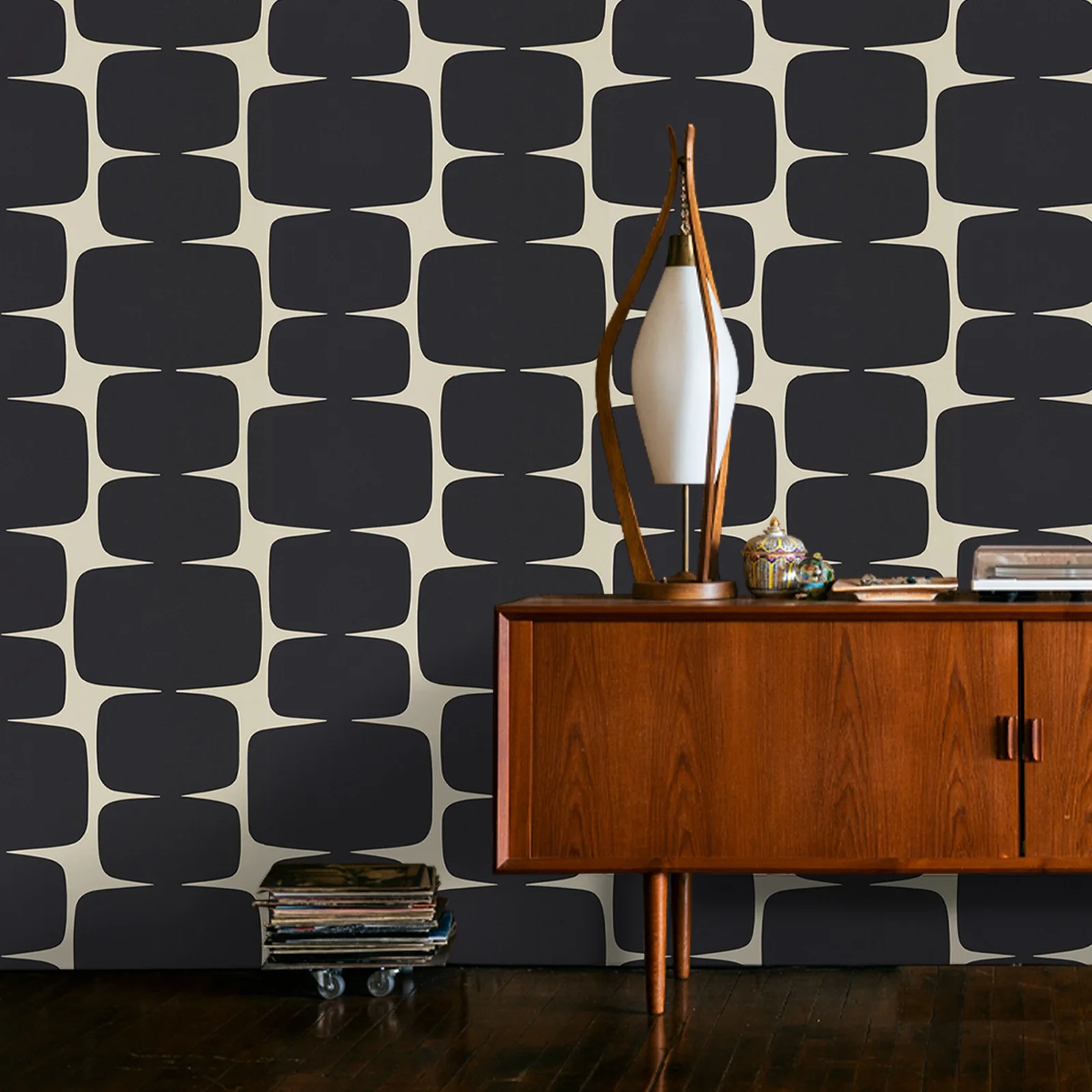 Abstract Dark Gray Shape Wallpaper,Retro Vibe Removable Wall Decal,Cream Background Peel and Stick Wallpaper For Home Wall Decor