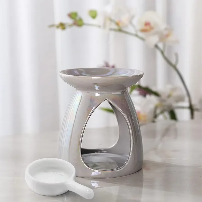for Wax Melt Heater Essential Oil Burner Pearlescent Ceramic Tea Lamp Candlestick with Wax Spoon