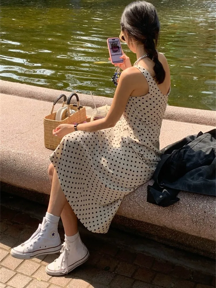 Vintage Long Tank Dress for Women Summer Sleeveless Polka Dot Slim Fit Sleeveless Sundress Female 2024 French Style