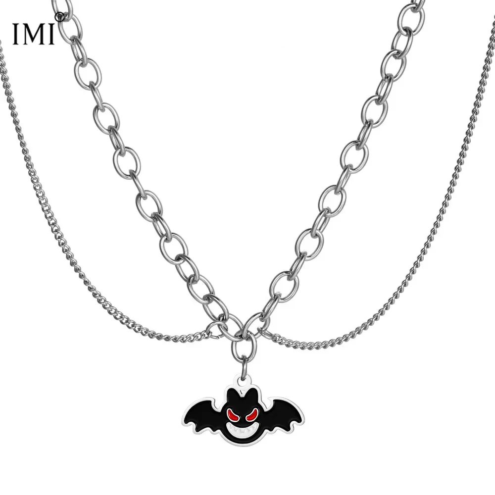 Cartoon Small and Cute A Mischievous Little Bat with A Smile Double Chain Necklace Personality Versatile UNISEX Hip Hop Necklace