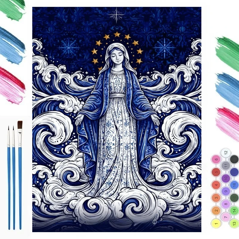 Holy Divine Figure Blue Waves Oil Painting By Number DIY Canvas Art Wall Decor for Game Room or Living Room Gift
