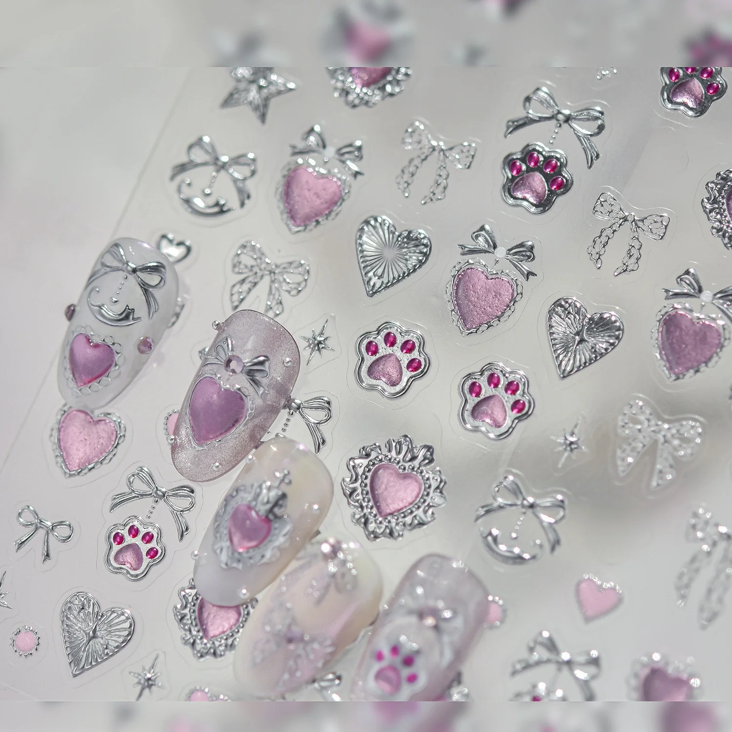 Vintage Sweet 5D Nail Art Stickers Silver Border Pink Love Heart Ribbon Bow Cat Paw Pentagram Cross Flower Nail Decals Manicure