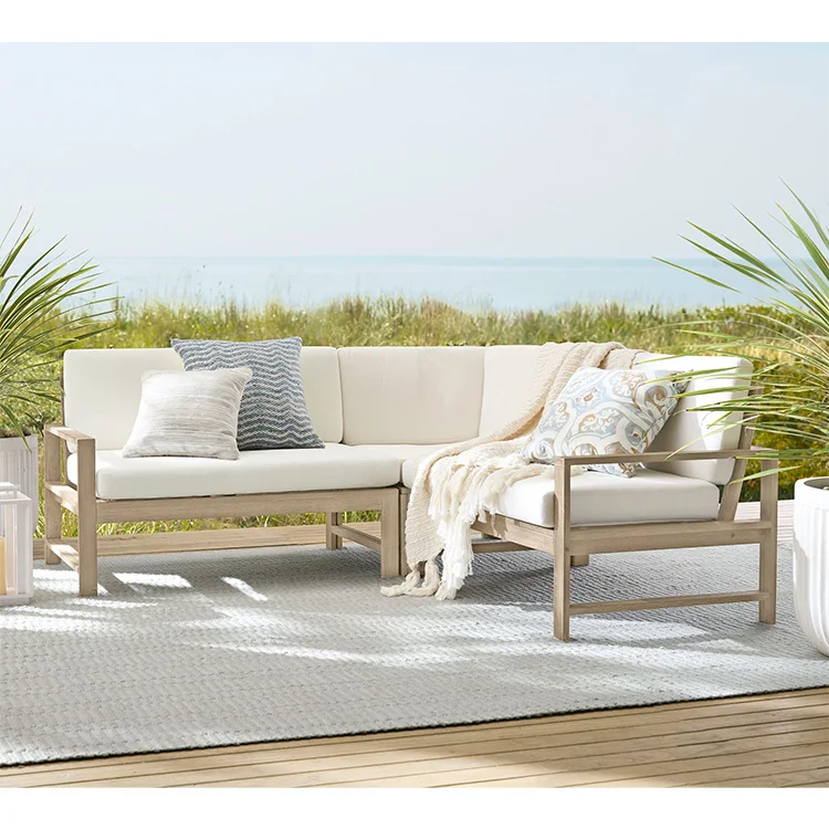 Modern European Style Terrace Sectional L-shaped Sofa Set Patio All Weather Wood Teak Outdoor Furniture