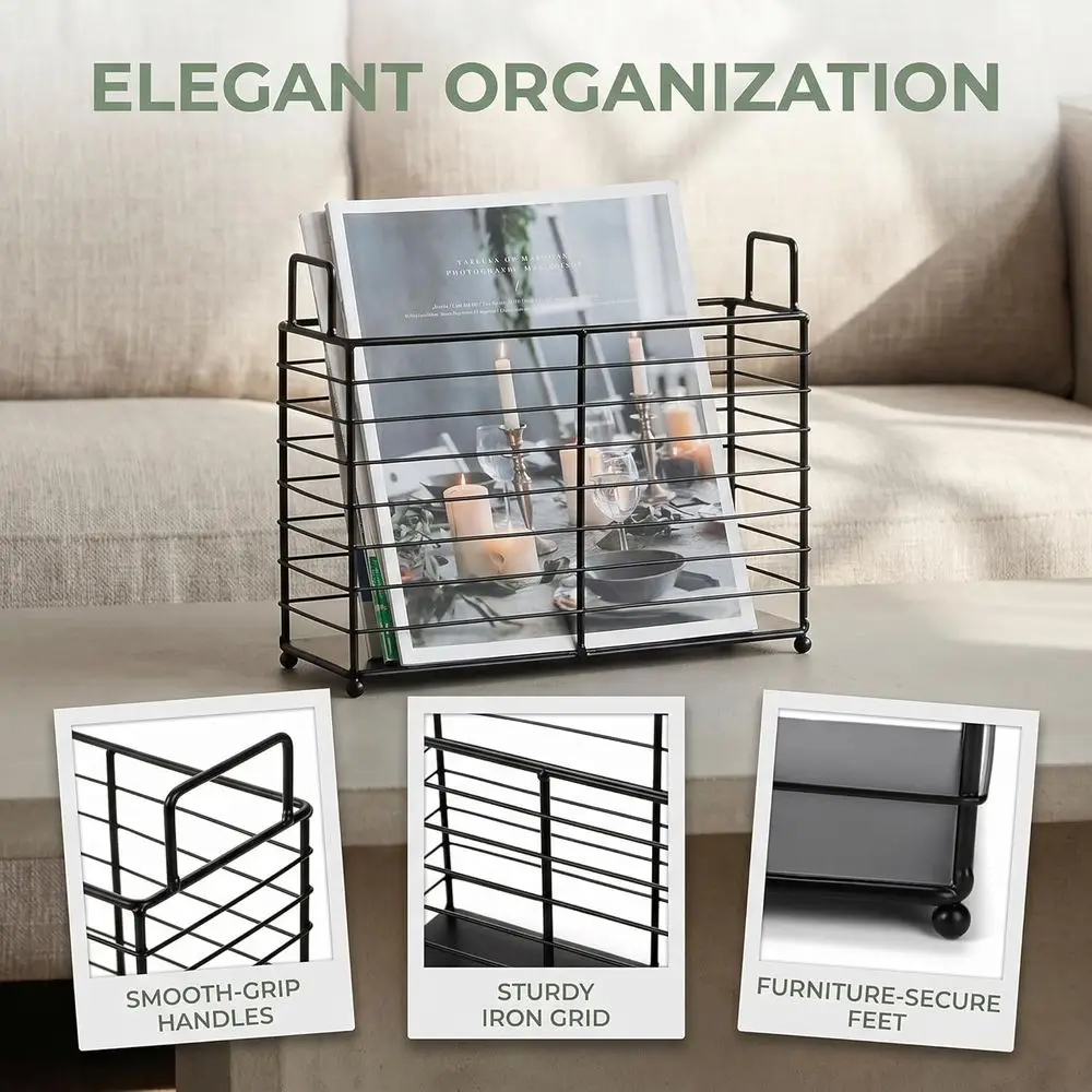 Metal Magazine Rack, Newspaper Book Tablet Storage Basket, Holder Mail Organizer Bin with Handles, Iron Wire Black Stand Holder view 3