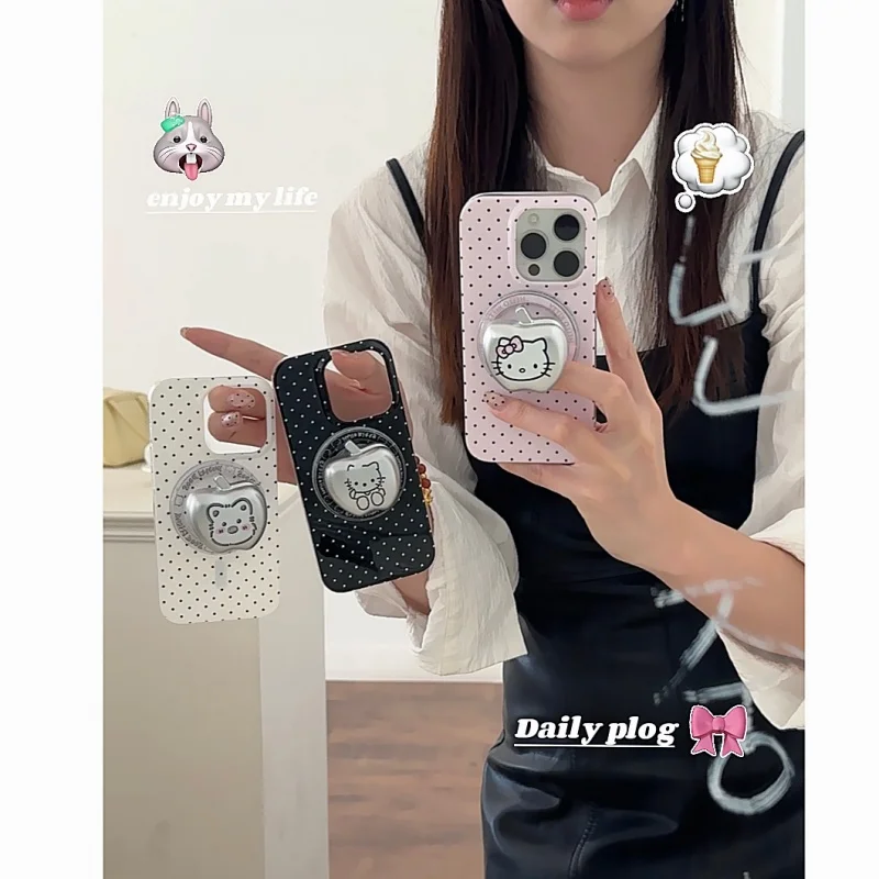 

Korea Cute Pink Black Polka Dots Magsafe Wireless Charge Case For iPhone 15 14 13 16 Pro Max 3D Hello Kitty Bear Magnetic Holder