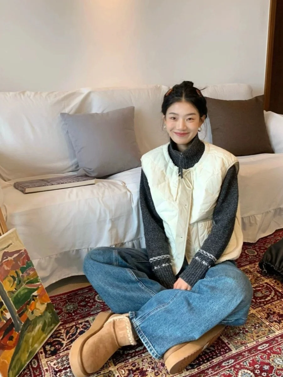 

Модная свободная женская хлопковая жилетка с круглым вырезом и завязками, осенне-зимняя корейская верхняя одежда в корейском стиле