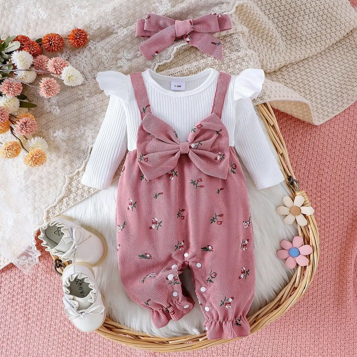 2025 Autumn Winter Infant Baby Long Sleeve Romper Floral Print Patchwork Bow Jumpsuits Cute Headband Clothes Set 0-18M