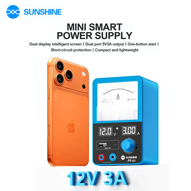 SUNSHINE P5 Mini Smart Power Supply 0-12V 3A 45W Dual Screen Display Short Circuit Protection Output for Phone Repair Test Tool