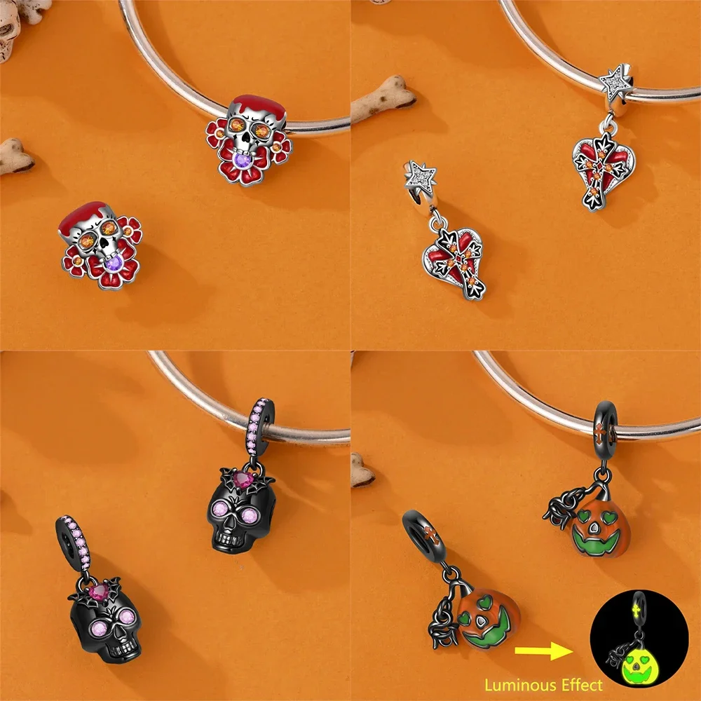 

Оригинальный черный кулон-бабочка, серебро 925, череп, светящаяся тыква, красная шляпа-призрак, бусины, подходит для браслета, женские украшения, прекрасный подарок, сделай сам