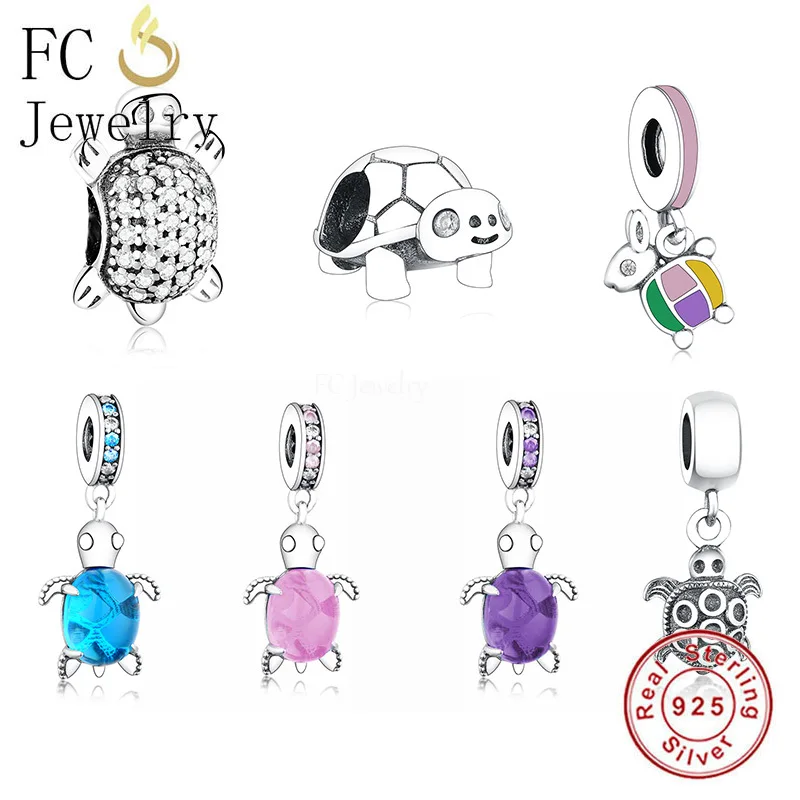 FC Jewelry Fit Original Charm Bracelet Authentic 925 Sterling Silver Pink Murano Glass Turtle Bead For Making Women Berloque DIY