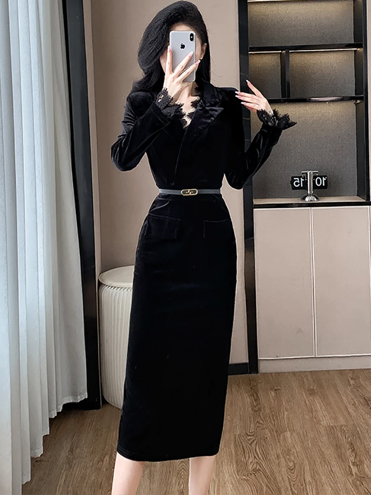 2023 schwarz Samt Chic Spitze V-ausschnitt Langes Kleid Frauen Elegante Bodycon Verband Kleid Herbst Winter Koreanische Luxus Party Nacht Kleid