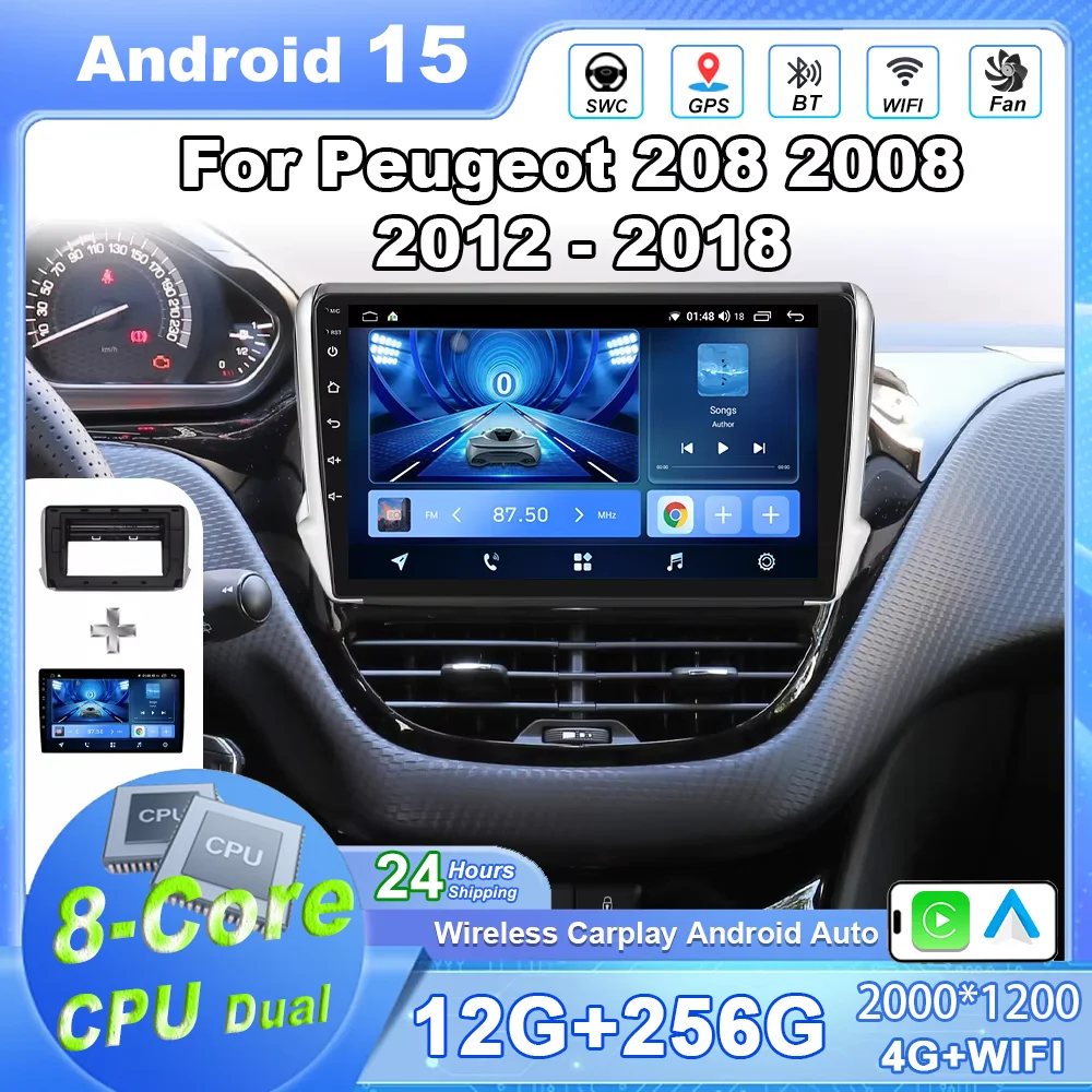 Android 15 For Peugeot 208 2008 2012-2018 2K QLED Car Radio Multimedia Video Player GPS Stereo CarPlay 4G+Wifi Head Unit Screen